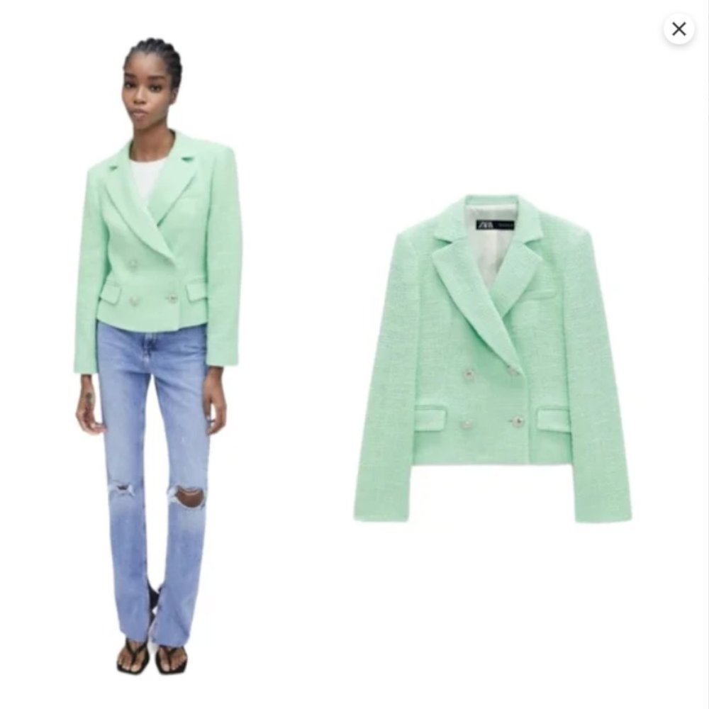 New ZARA Tweed Texture Tailored Double Breasted Cropped Blazer Color: GRN Size:M